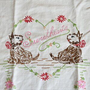 Vintage Hand Embroidered Terrier Dogs Sweetheart Linen Kitchen Dish Tea Towel